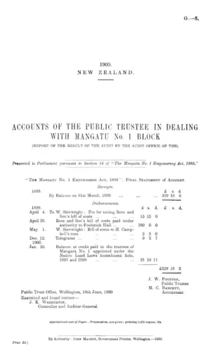 ACCOUNTS OF THE PUBLIC TRUSTEE IN DEALING WITH MANGATU No. 1 BLOCK (REPORT OF THE RESULT OF THE AUDIT BY THE AUDIT OFFICE OF THE).