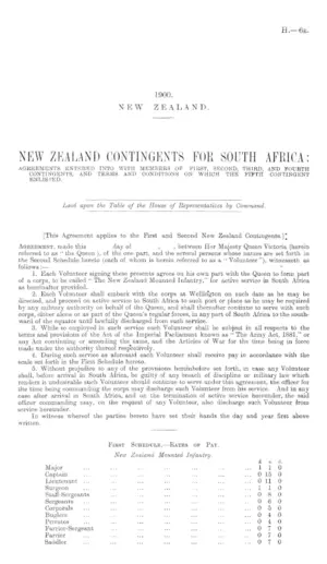 NEW ZEALAND CONTINGENTS FOR SOUTH AFRICA: AGREEMENTS ENTERED INTO WITH MEMBERS OF FIRST, SECOND, THIRD, AND FOURTH CONTINGENTS, AND TERMS AND CONDITIONS ON WHICH THE FIFTH CONTINGENT ENLISTED.