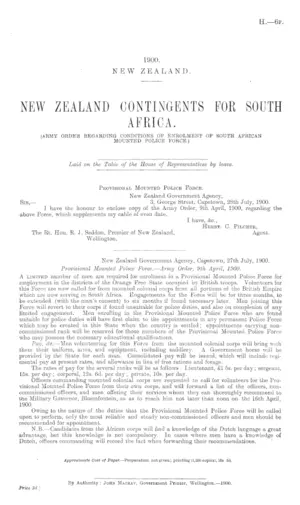 NEW ZEALAND CONTINGENTS FOR SOUTH AFRICA. (ARMY ORDER REGARDING CONDITIONS OF ENROLMENT OF SOUTH AFRICAN MOUNTED POLICE FORCE.)