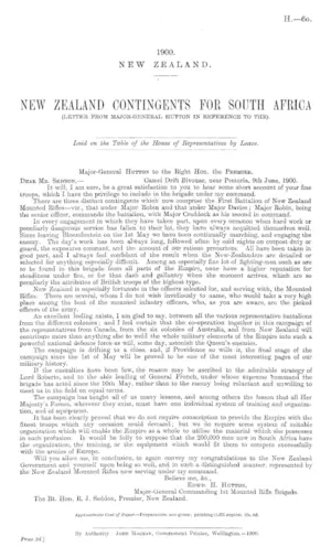 NEW ZEALAND CONTINGENTS FOR SOUTH AFRICA (LETTER FROM MAJOR-GENERAL HUTTON IN REFERENCE TO THE).