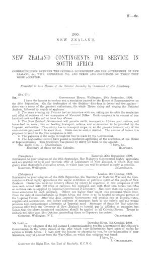 NEW ZEALAND CONTINGENTS FOR SERVICE IN SOUTH AFRICA (CORRESPONDENCE BETWEEN THE IMPERIAL GOVERNMENT AND THE GOVERNMENT OF NEW ZEALAND, &c., WITH REFERENCE TO), AND TERMS AND CONDITIONS ON WHICH THEY WERE ACCEPTED.