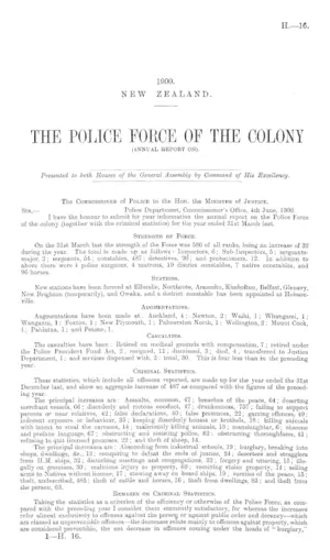 THE POLICE FORCE OF THE COLONY (ANNUAL REPORT ON).