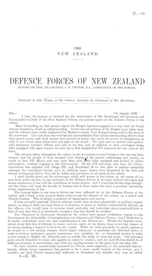 DEFENCE FORCES OF NEW ZEALAND (REPORT ON THE), BY COLONEL A. P. PENTON, R.A., COMMANDER OF THE FORCES.