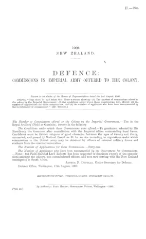DEFENCE: COMMISSIONS IN IMPERIAL ARMY OFFERED TO THE COLONY.