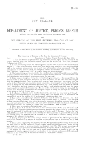 DEPARTMENT OF JUSTICE, PRISONS BRANCH (REPORT ON), FOR THE YEAR ENDING 31st DECEMBER, 1899; ALSO THE OPERATION OF "THE FIRST OFFENDERS' PROBATION ACT, 1886" (REPORT ON), FOR THE YEAR ENDING 31st DECEMBER, 1899.