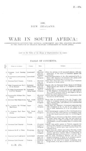 WAR IN SOUTH AFRICA: CORRESPONDENCE BETWEEN THE IMPERIAL GOVERNMENT AND THE COLONIES RELATING TO THE DESPATCH OF COLONIAL MILITARY CONTINGENTS TO SOUTH AFRICA.