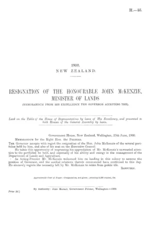 RESIGNATION OF THE HONOURABLE JOHN McKENZIE, MINISTER OF LANDS (MEMORANDUM FROM HIS EXCELLENCY THE GOVERNOR ACCEPTING THE).