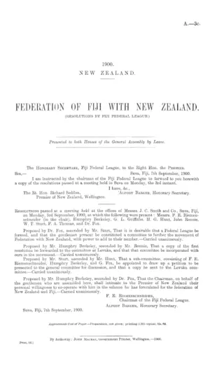 FEDERATION OF FIJI WITH NEW ZEALAND. (RESOLUTIONS BY FIJI FEDERAL LEAGUE.)