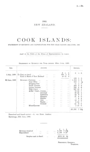 COOK ISLANDS: STATEMENT OF REVENUE AND EXPENDITURE FOR THE YEAR ENDING 30th JUNE, 1900.