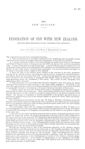 FEDERATION OF FIJI WITH NEW ZEALAND. (PETITION FROM RESIDENTS OF FIJI, TOGETHER WITH APPENDIX.)