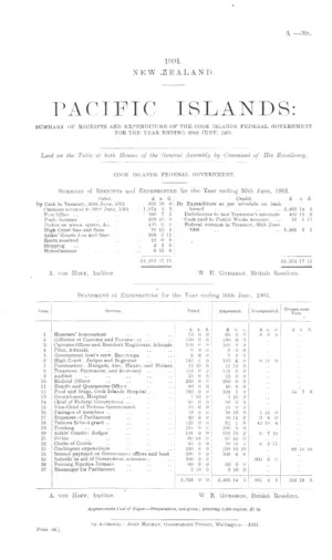 PACIFIC ISLANDS: SUMMARY OF RECEIPTS AND EXPENDITURE OF THE COOK ISLANDS FEDERAL GOVERNMENT FOR THE YEAR ENDING 30th JUNE, 1901.