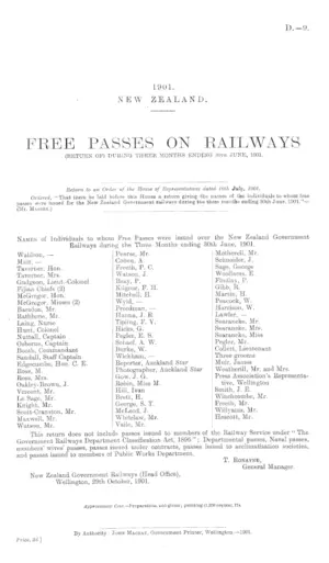 FREE PASSES ON RAILWAYS (RETURN OF) DURING THREE MONTHS ENDING 30th JUNE, 1901.