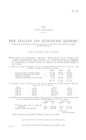 NEW ZEALAND AND QUEENSLAND RAILWAYS: COMPARATIVE RETURN OF AMOUNTS PAID OUT OF REVENUE AND CAPITAL FOR COST AND MAINTENANCE.