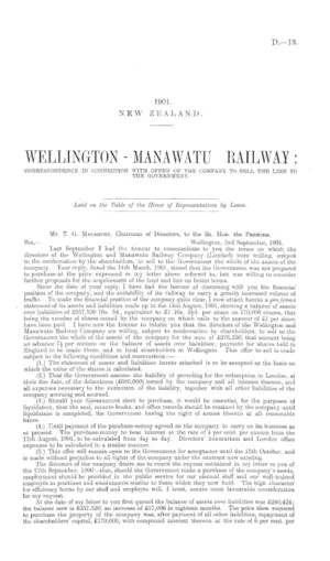 WELLINGTON-MANAWATU RAILWAY: CORRESPONDENCE IN CONNECTION WITH OFFER OF THE COMPANY TO SELL THE LINE TO THE GOVERNMENT.