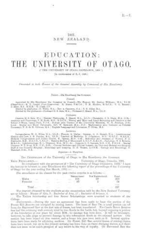EDUCATION: THE UNIVERSITY OF OTAGO. ("THE UNIVERSITY OF OTAGO ORDINANCE, 1869.") [In continuation of E.-7, 1900.]