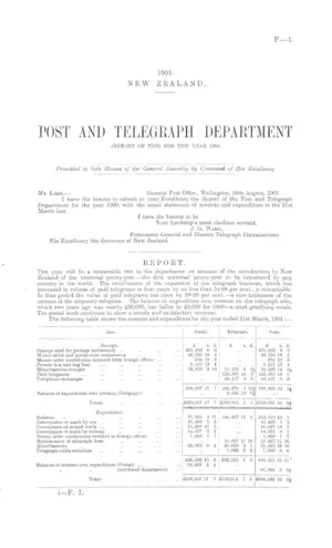 POST AND TELEGRAPH DEPARTMENT (REPORT OF THE) FOR THE YEAR 1900.