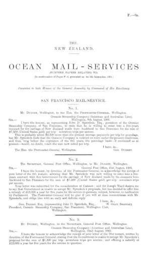 OCEAN MAIL-SERVICES (FURTHER PAPERS RELATING TO). [In continuation of Paper F.-6, presented on he 5th September, 1901.]