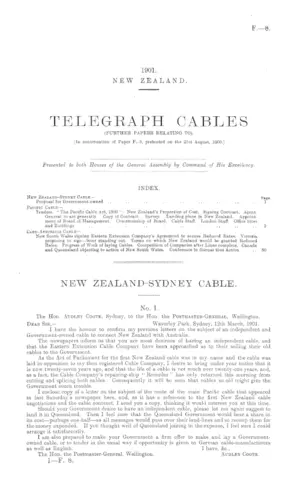 TELEGRAPH CABLES (FURTHER PAPERS RELATING TO). [In continuation of Paper F.-8, presented on the 21st August, 1900.]