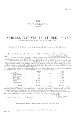 LANDLESS NATIVES IN MIDDLE ISLAND (REPORT RELATIVE TO SETTING APART LAND FOR).