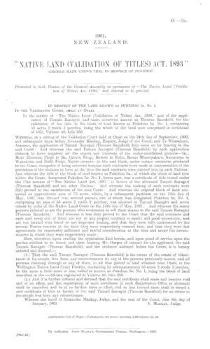 "NATIVE LAND (VALIDATION OF TITLES) ACT, 1893" (DECREE MADE UNDER THE), IN RESPECT OF PUKEHOU.