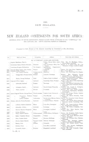 NEW ZEALAND CONTINGENTS FOR SOUTH AFRICA: (NOMINAL ROLL OF SIXTH CONTINGENT, WHICH SAILED FROM AUCKLAND IN S.S. "CORNWALL" ON 30th JANUARY, 1901. LIEUT.-COLONEL BANKS IN COMMAND).