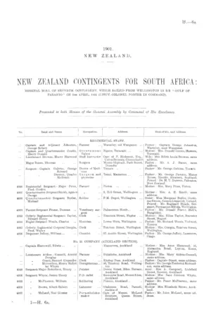 NEW ZEALAND CONTINGENTS FOR SOUTH AFRICA: NOMINAL ROLL OF SEVENTH CONTINGENT, WHICH SAILED FROM WELLINGTON IN S.S. "GULF OF TARANTO" ON 6th APRIL, 1901 (LIEUT.-COLONEL PORTER IN COMMAND).