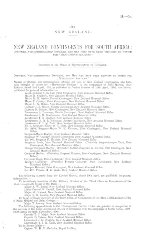 NEW ZEALAND CONTINGENTS FOR SOUTH AFRICA: OFFICERS, NON-COMMISSIONED OFFICERS, AND MEN WHO HAVE BEEN BROUGHT TO NOTICE FOR "MERITORIOUS SERVICES."