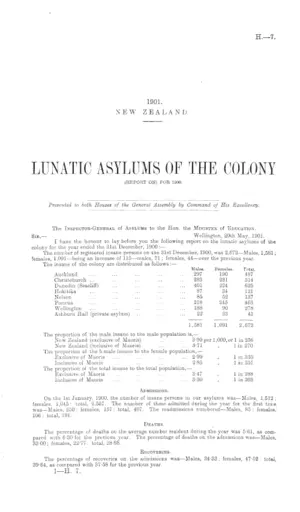 LUNATIC ASYLUMS OF THE COLONY (REPORT ON) FOR 1900.
