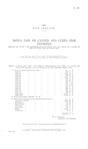 BONUS PAID ON CANNED AND CURED FISH EXPORTED (AMOUNT OF) UNDER "THE FISHERIES ENCOURAGEMENT ACT, 1885," FROM THE PASSING OF THE ACT UNTIL THE 31st MARCH, 1901.