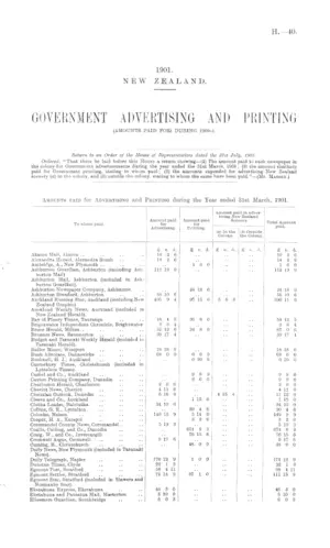 GOVERNMENT ADVERTISING AND PRINTING (AMOUNTS PAID FOR) DURING 1900-1.