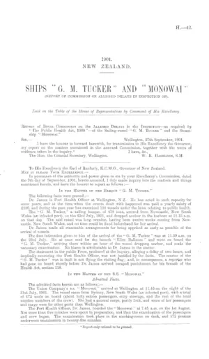 SHIPS "G.M. TUCKER" AND "MONOWAI" (REPORT OF COMMISSION ON ALLEGED DELAYS IN INSPECTION OF).