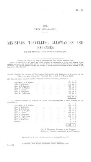MINISTERS' TRAVELLING ALLOWANCES AND EXPENSES FOR THE FINANCIAL YEAR ENDED 31st MARCH, 1900.