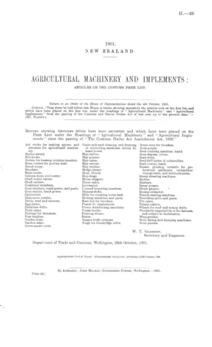 AGRICULTURAL MACHINERY AND IMPLEMENTS: ARTICLES ON THE CUSTOMS FREE LIST.