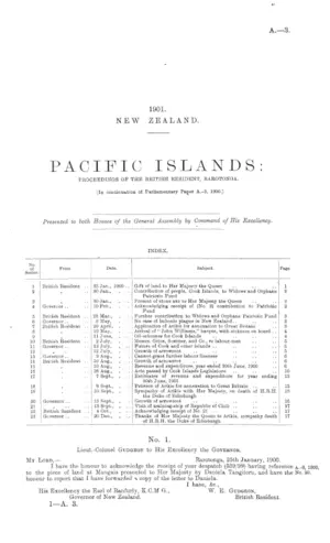 PACIFIC ISLANDS: PROCEEDINGS OF THE BRITISH RESIDENT, RAROTONGA. [In continuation of Parliamentary Paper A.-3, 1900.]