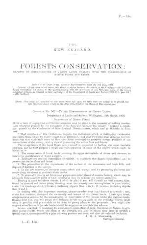 FORESTS CONSERVATION: REPORTS BY COMMISSIONERS OF CROWN LANDS DEALING WITH THE PRESERVATION OF NATIVE FLORA AND FAUNA.