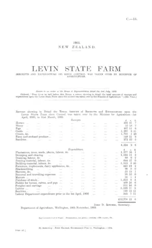 LEVIN STATE FARM (RECEIPTS AND EXPENDITURE OF) SINCE CONTROL WAS TAKEN OVER BY MINISTER OF AGRICULTURE.