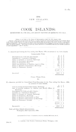COOK ISLANDS: EXPENDITURE ON, FOR 1903-4, AND AMOUNT PROVIDED ON ESTIMATES FOR 1904-5.