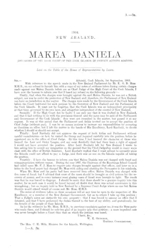 MAKEA DANIELA (DECISIONS OF THE HIGH COURT OF THE COOK ISLANDS IN CERTAIN ACTIONS AGAINST).
