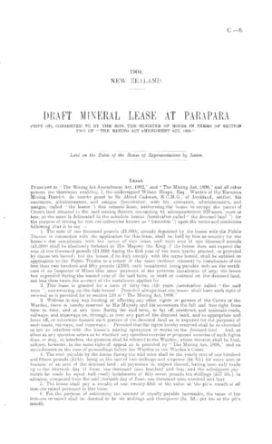 DRAFT MINERAL LEASE AT PARAPARA (COPY OF), CONSENTED TO BY THE HON. THE MINISTER OF MINES IN TERMS OF SECTION TWO OF "THE MINING ACT AMENDMENT ACT, 1902."
