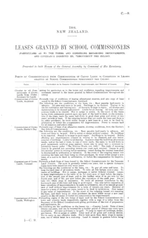 LEASES GRANTED BY SCHOOL COMMISSIONERS (PARTICULARS AS TO THE TERMS AND CONDITIONS REGARDING IMPROVEMENTS, AND COVENANTS INSERTED IN), THROUGHOUT THE COLONY.