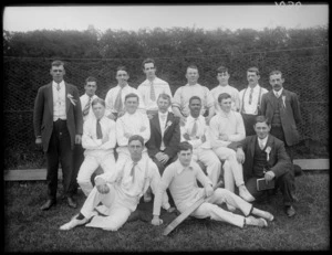 Group portrait, members unidentified, showing members of a cricket team, including men in business attire, possibly Christchurch district