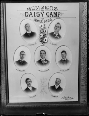 Vignetted head-and-shoulders portraits in a wooden frame, including the title 'Members of Daisy Camp, Summer 1893' - Photographs taken by Adam Maclay