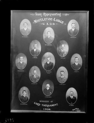 Vignetted head-and-shoulders portraits of named members of Mistletoe Lodge of the United Ancient Order of Druids, winners of a 1908 card tournament - Photograph taken by Adam Maclay