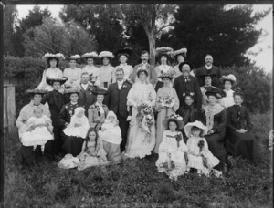 Unidentified large wedding group, showing wedding party and family members, probably Christchurch district
