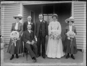 Unidentified bride and groom with wedding party, probably Christchurch district