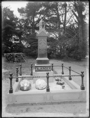 Grave of Joel Falkinder, obelisk headstone and iron fence, husband of Mary Ellen Falkinder, died 26th May 1911 aged 60, probably Christchurch region