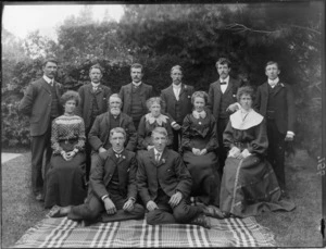 Unidentified group of men and women outdoors, probably Christchurch district