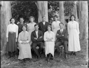 Group of unidentified young men and women outdoors, probably Christchurch district