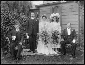 Unidentified wedding group, showing bride and groom, bridesmaid, groomsman and [father of bride?], probably Christchurch district