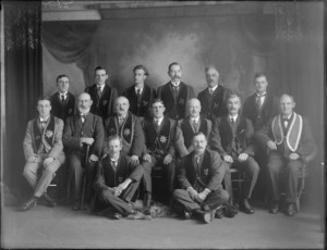 Studio portrait of unidentified men of the Hibernian Australasian Catholic Benefit Society members, probably Christchurch district